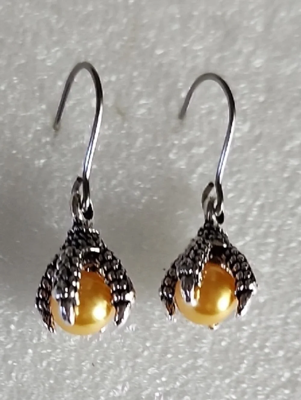 Yellow Pearl Drop Earrings in Silver-Tone Dragon Claw Setting